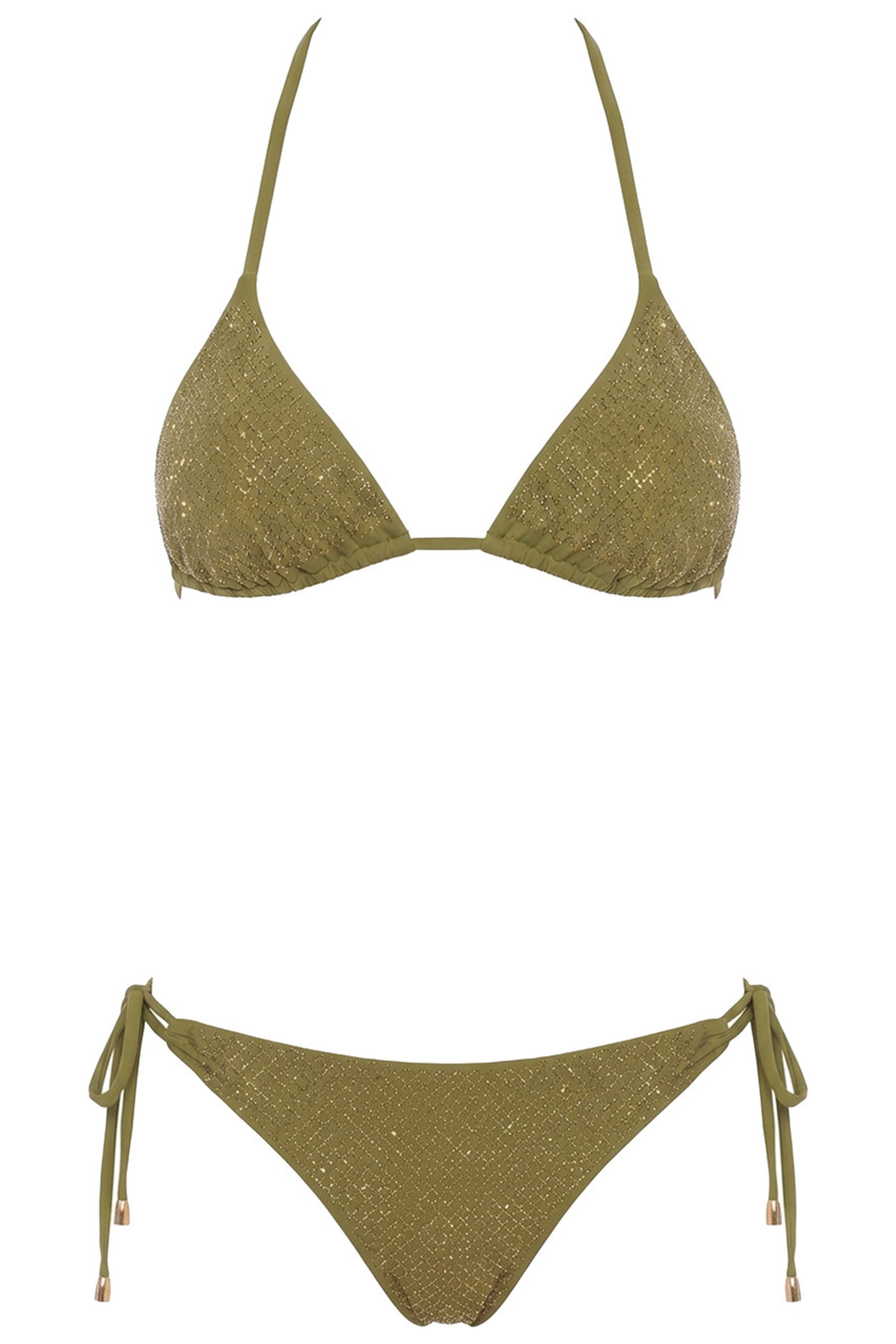 Triangle bikini with Italian-cut briefs, mesh with rhinestones - verde foresta