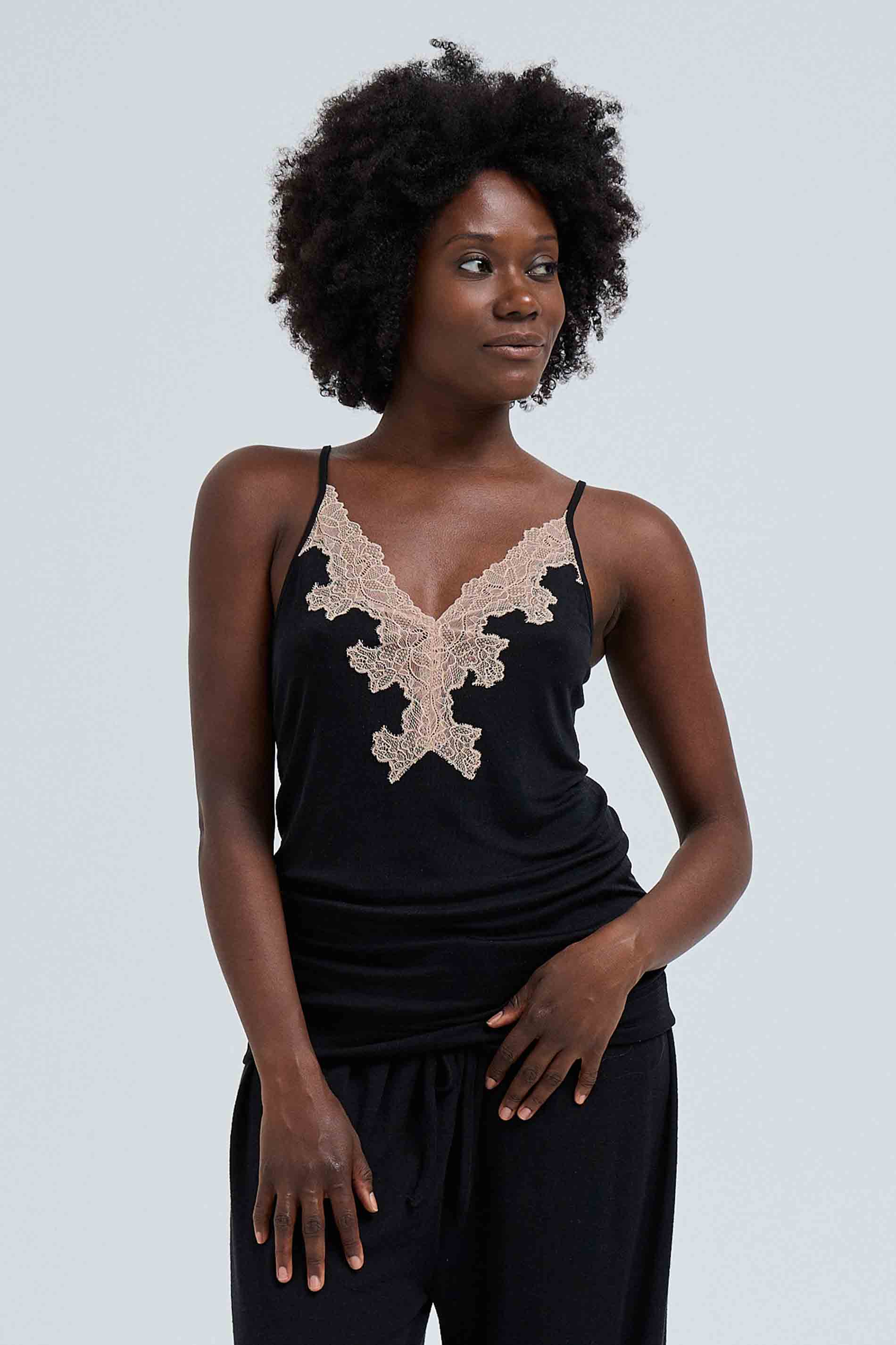 Cami Top Lace Silk - Black with Rosie Beige
