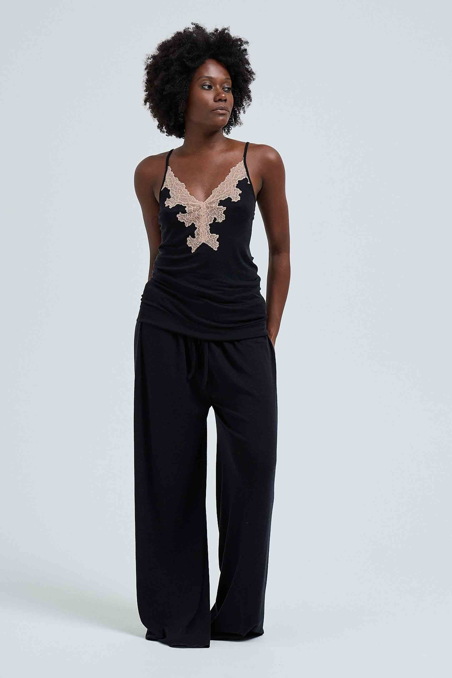 Cami Top Lace Silk - Black with Rosie Beige