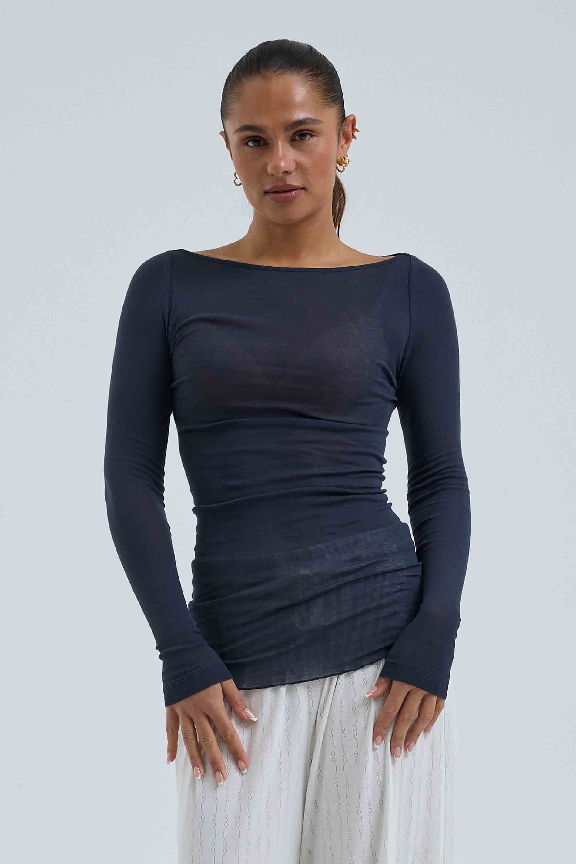 L/S Shirt Cotton Boat Neck - Midnight / front