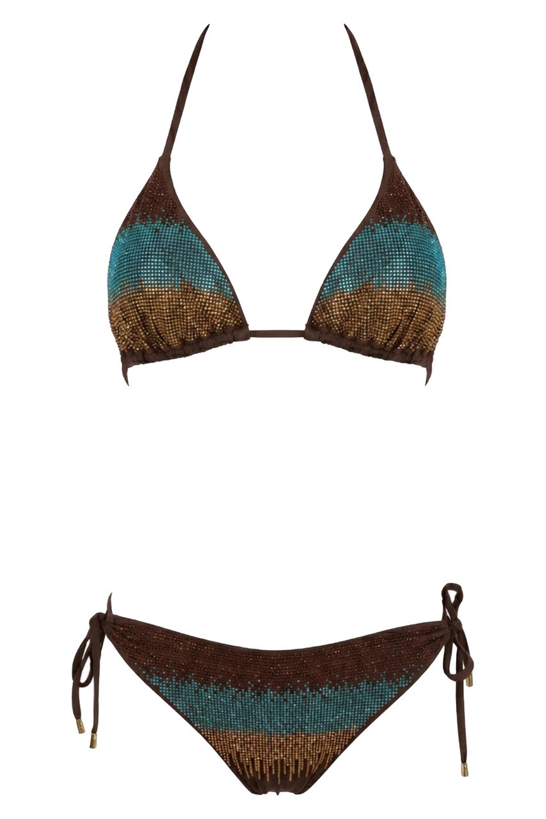 Driekhoekige bikinitop met Italiaanse broek, volledig bezet met strass-steentjes - fafo