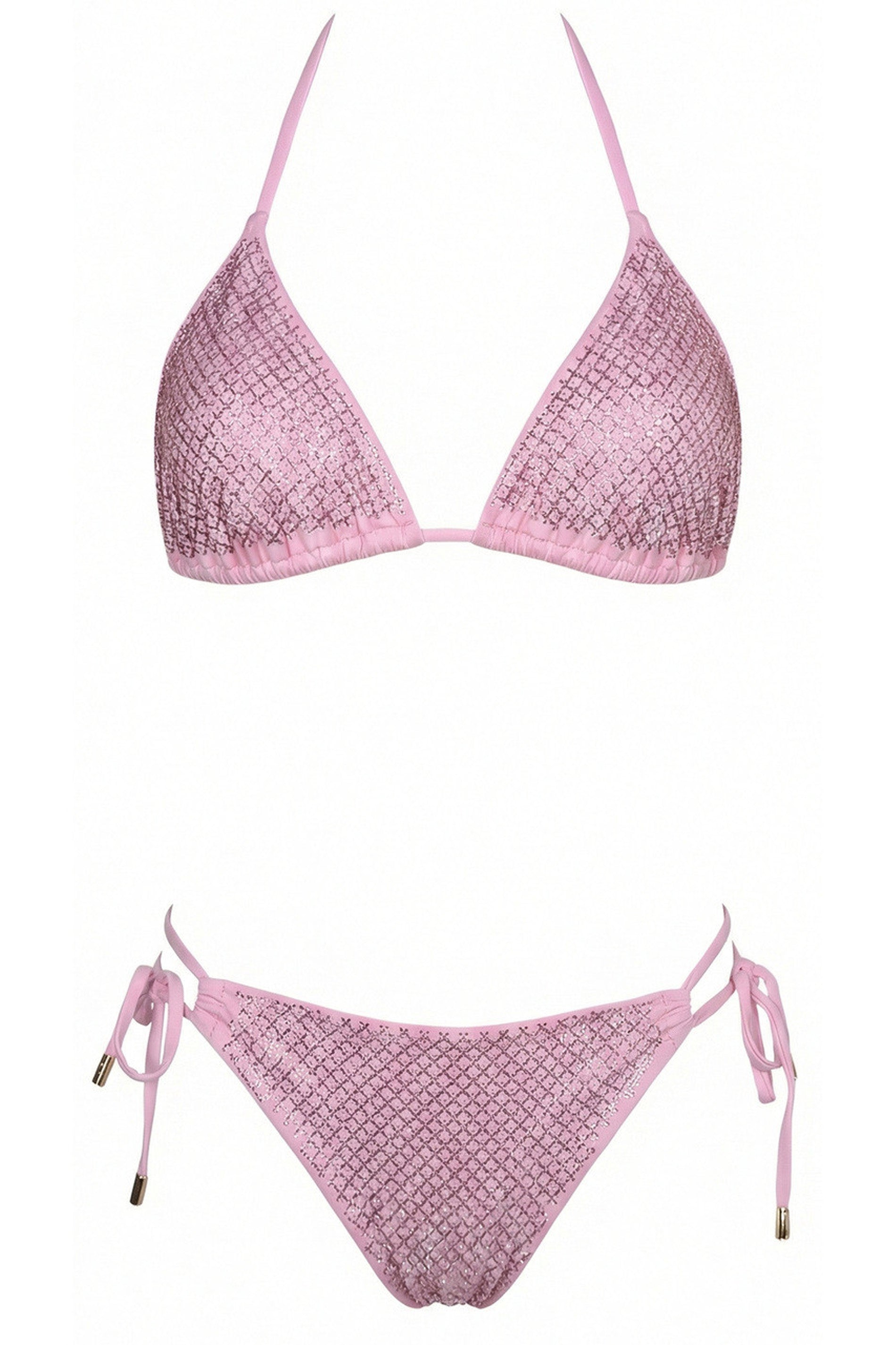 Driehoekige bikini met Italiaans broekje, mesh met strass-steentjes - rosa flamingo