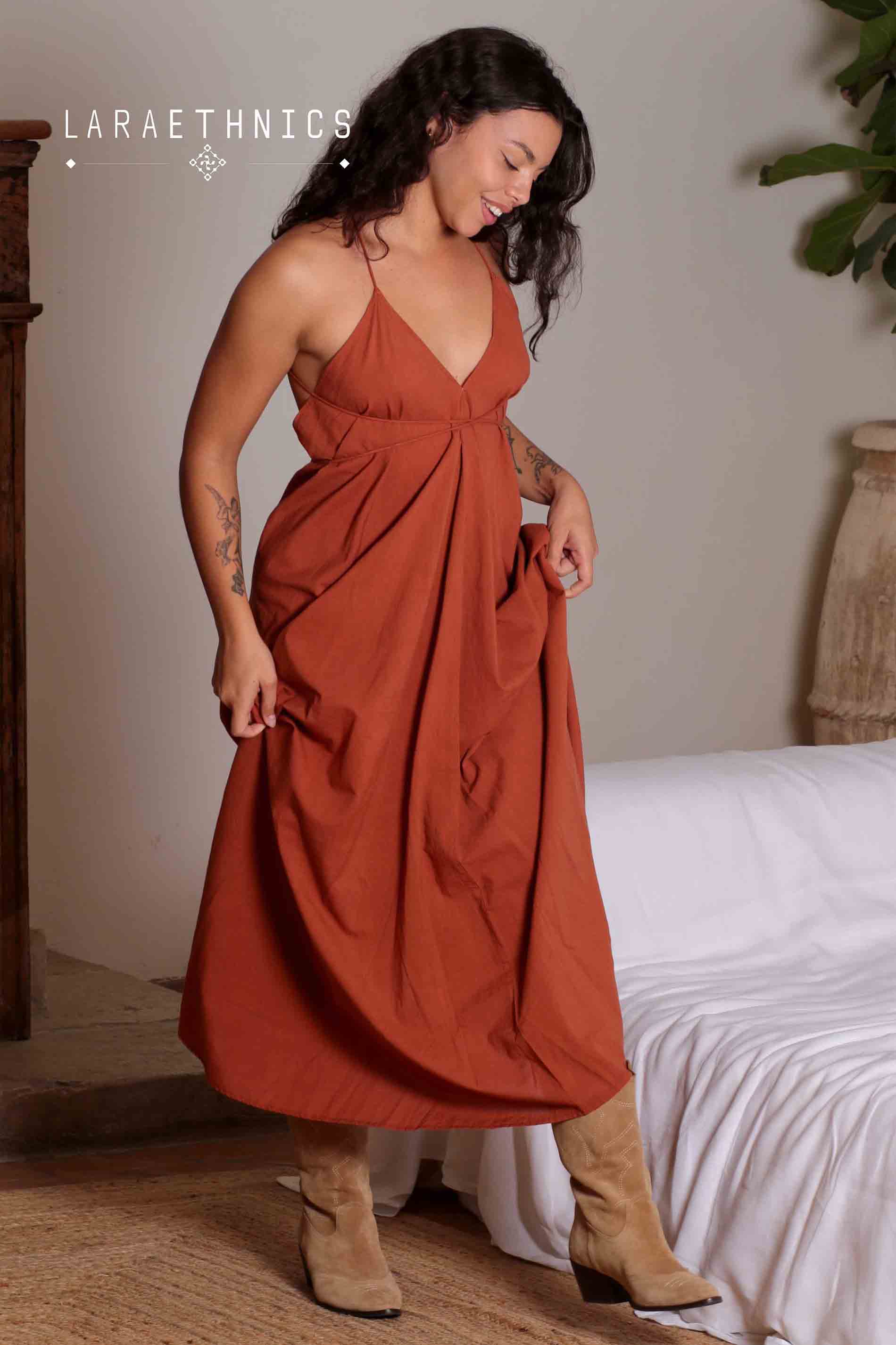 Long Halter Dress with Tie - rust