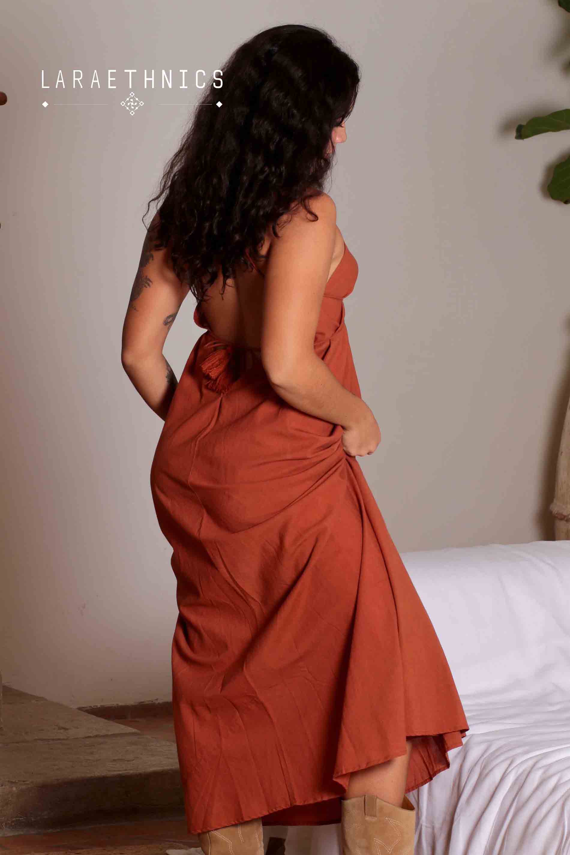 Long Halter Dress with Tie - rust